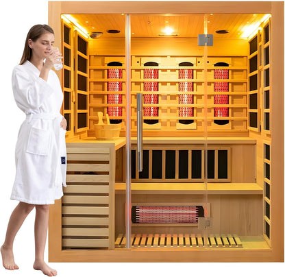 Luxury Dual-System Wood Sauna Room for 4-6 Person, Hybrid Indoor Sauna Hemlock