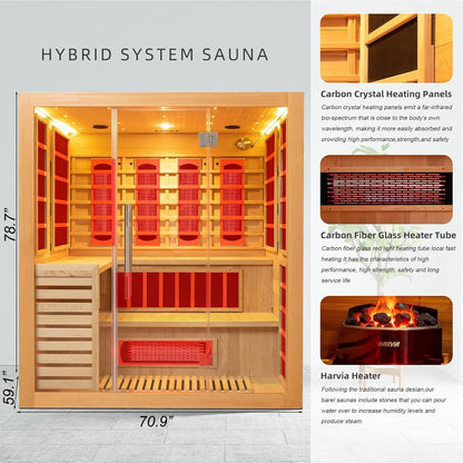 Luxury Dual-System Wood Sauna Room for 4-6 Person, Hybrid Indoor Sauna Hemlock