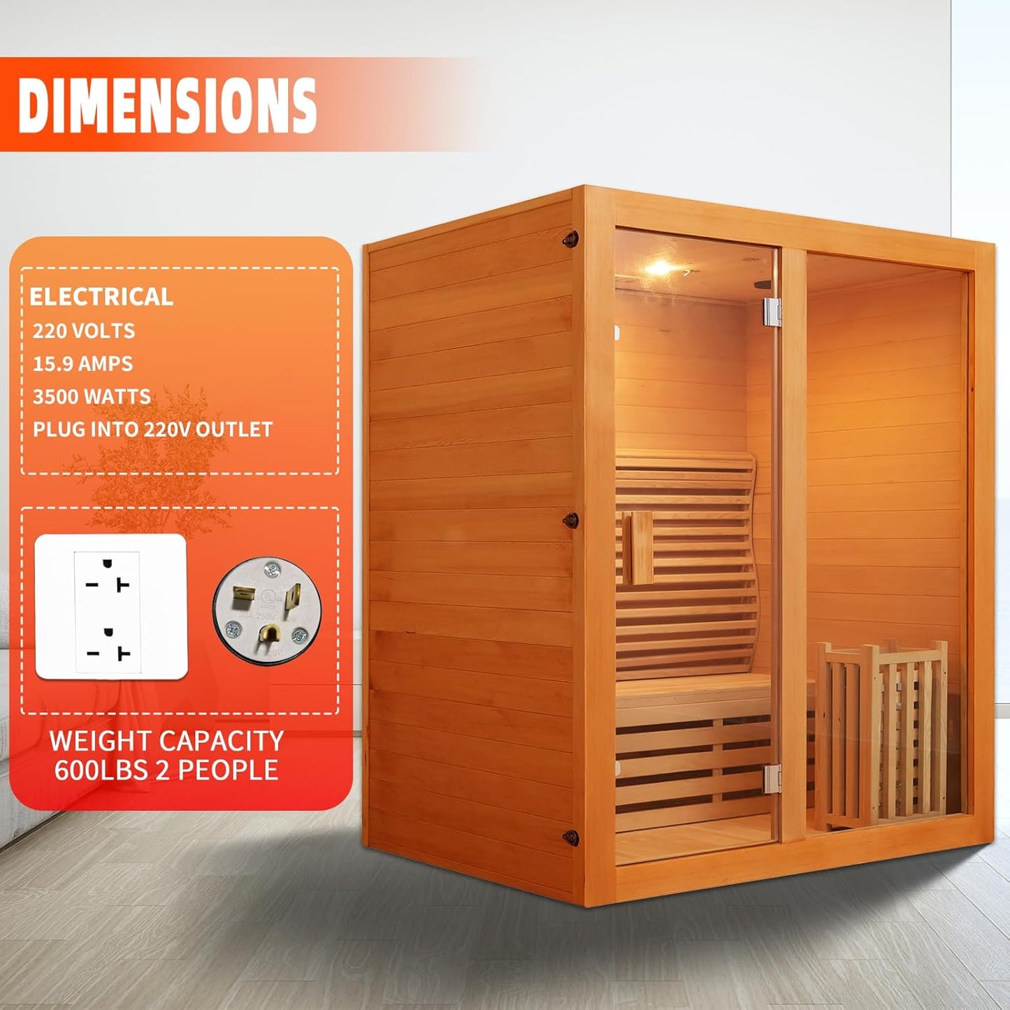 2 Person Canadian Red Cedar Luxurious Indoor Sauna with 3.5 KW Harvia Stove Heater