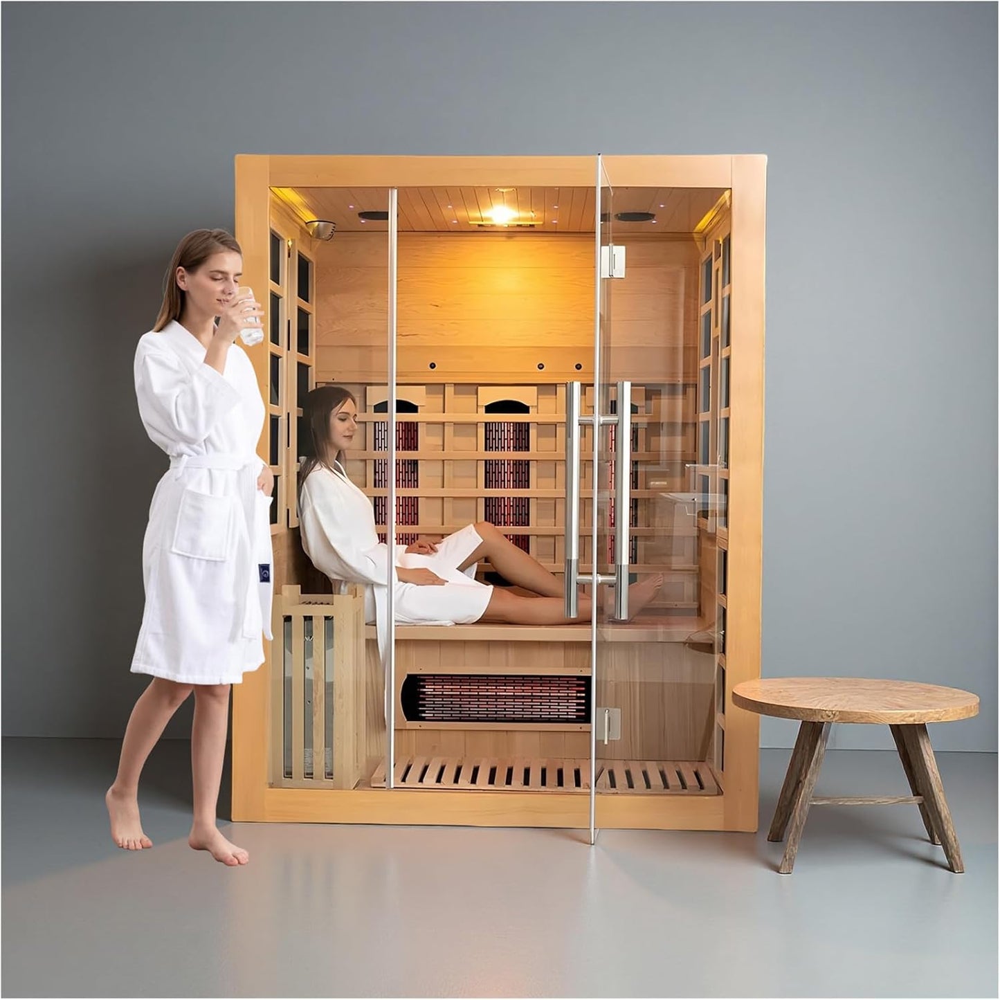 Luxury Dual-System Wood Sauna Room for 3 Person, Hybrid Indoor Sauna