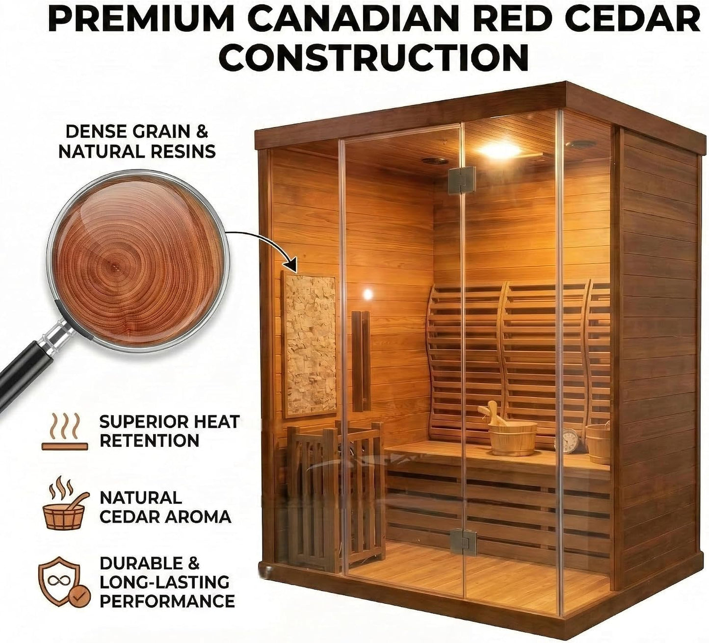 2 Person Wooden Steam Sauna Room, Red Cedar Luxurious Indoor 6 KW Harvia Heater, Wi-Fi