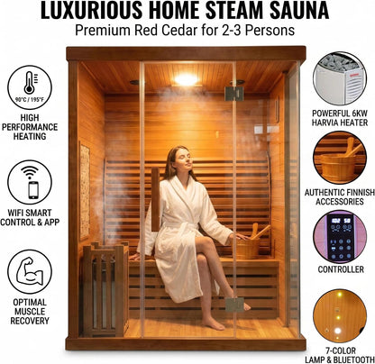 2 Person Wooden Steam Sauna Room, Red Cedar Luxurious Indoor 6 KW Harvia Heater, Wi-Fi