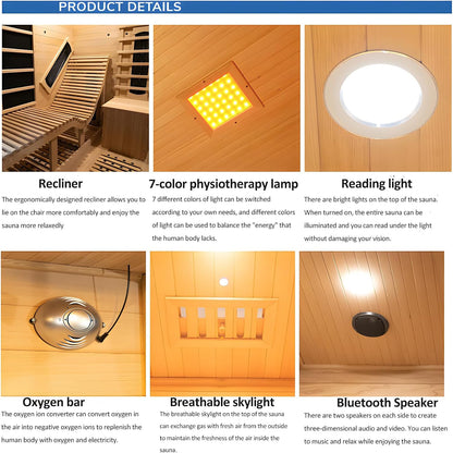Infrared 2 Person Wooden Sauna Room with Recliner, Canadian Hemlock Outdoor 3400 Watt, Rainproof Roof, 220V, WiFi Control