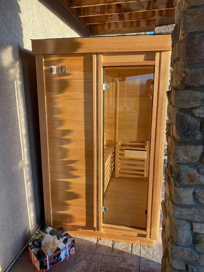 Outdoor Corner Steam Sauna for 2-4 Person – Discounted Left‑Door Model with Minor Cosmetic Defects, Canadian Hemlock, 6KW ETL Heater, Modern Sauna Box with Waterproof Asphalt Tiles, 220V (0‑195℉)