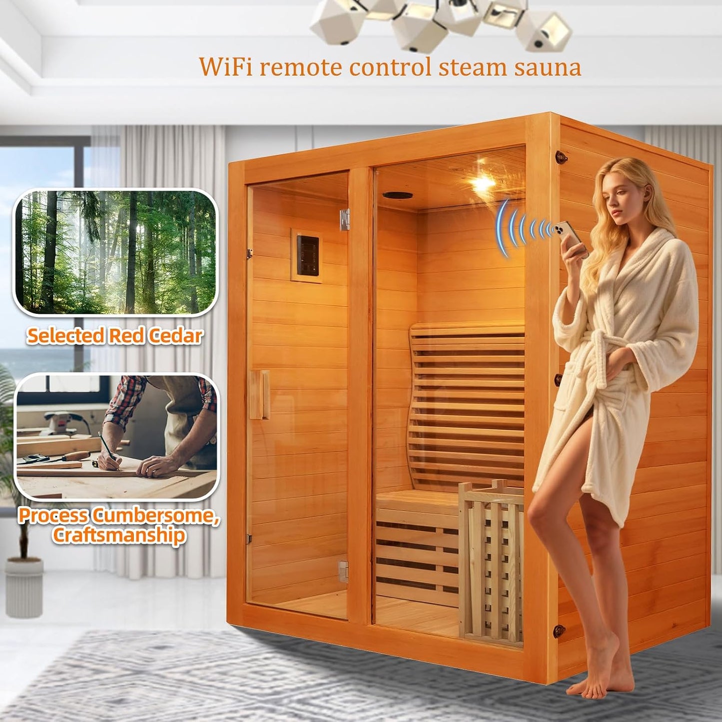 2-3 Person Canadian Red Cedar Indoor Finnish Sauna with 4.5 KW Harvia Stove Heater WiFi