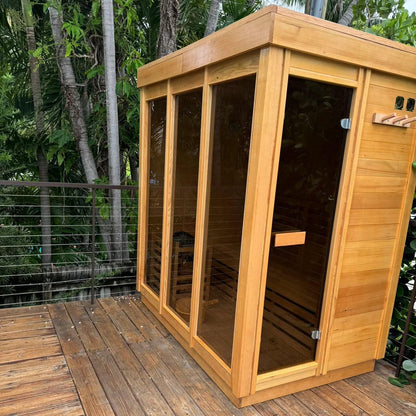 ZONEMEL Outdoor Corner Steam Sauna, Canadian Hemlock Saunas 2-4 Person, 6KW Harvia Heater, 220V, Broad Bench, Wide Glass View, Asphalt Shingles, Waterproof Tarp, Backrest, Right Door (0-195℉)