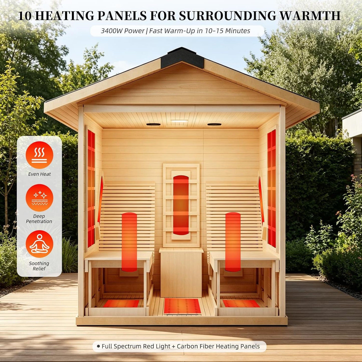 Infrared 2 Person Wooden Sauna Room with Recliner, Canadian Hemlock Outdoor 3400 Watt, Rainproof Roof, 220V, WiFi Control