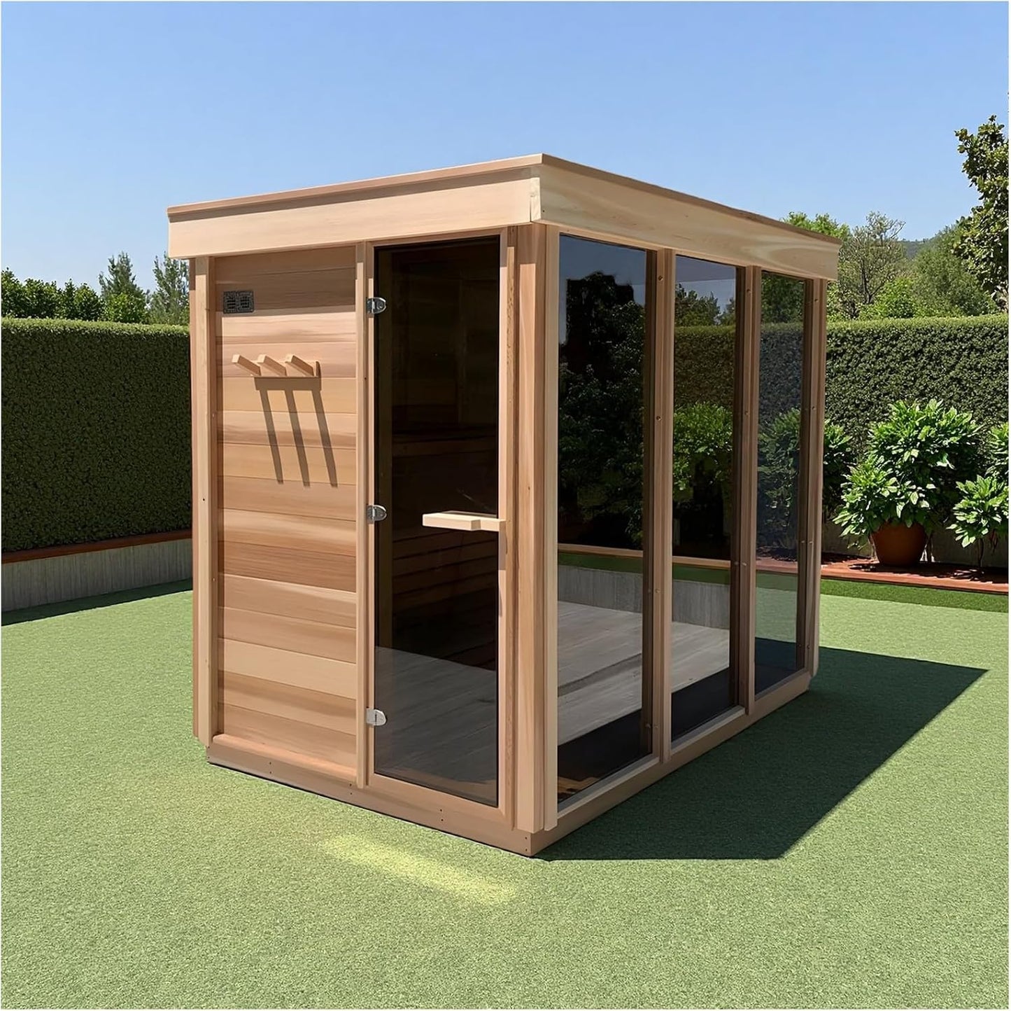 Outdoor Corner Steam Sauna for 2-4 Person – Discounted Left‑Door Model with Minor Cosmetic Defects, Canadian Hemlock, 6KW ETL Heater, Modern Sauna Box with Waterproof Asphalt Tiles, 220V (0‑195℉)