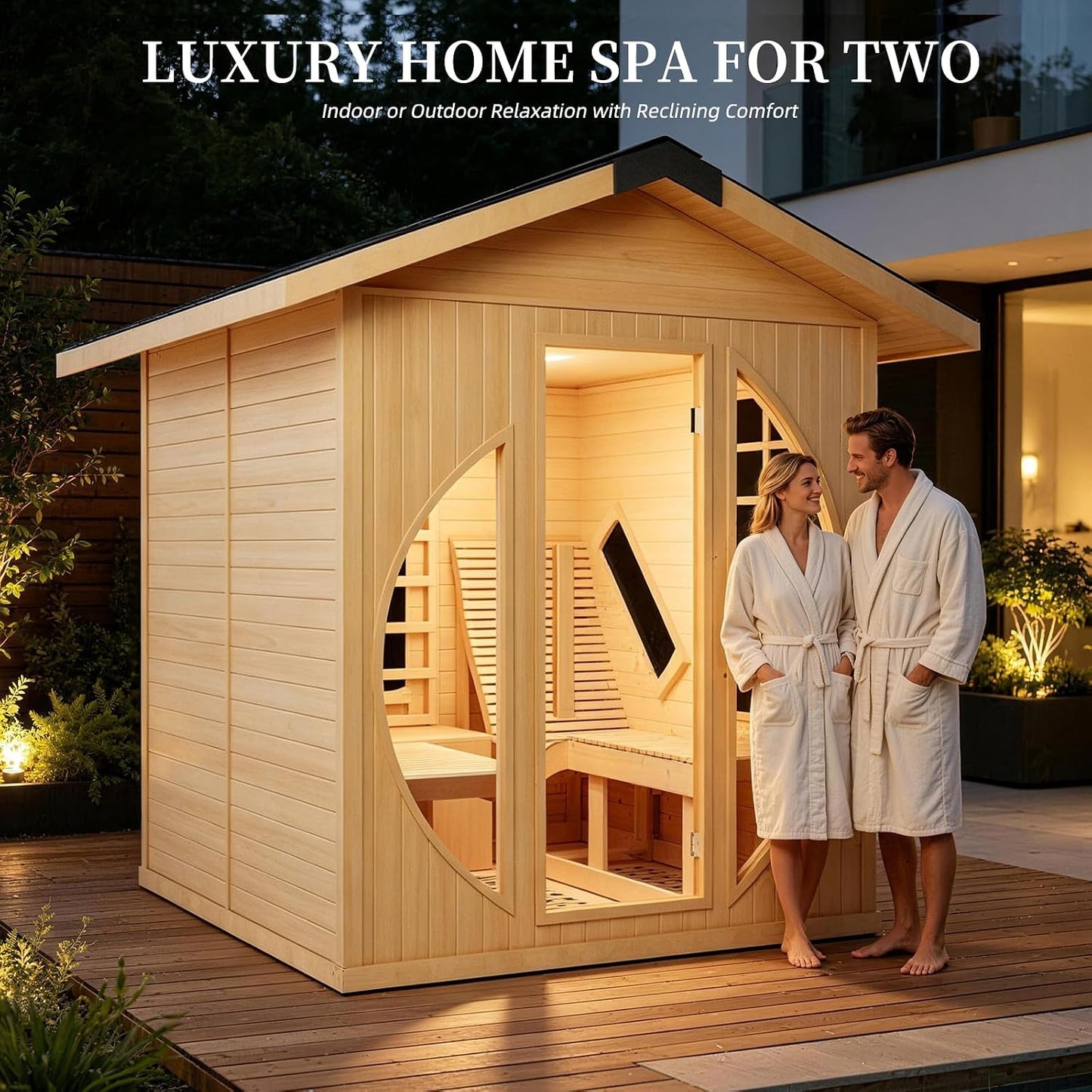 Infrared 2 Person Wooden Sauna Room with Recliner, Canadian Hemlock Outdoor 3400 Watt, Rainproof Roof, 220V, WiFi Control
