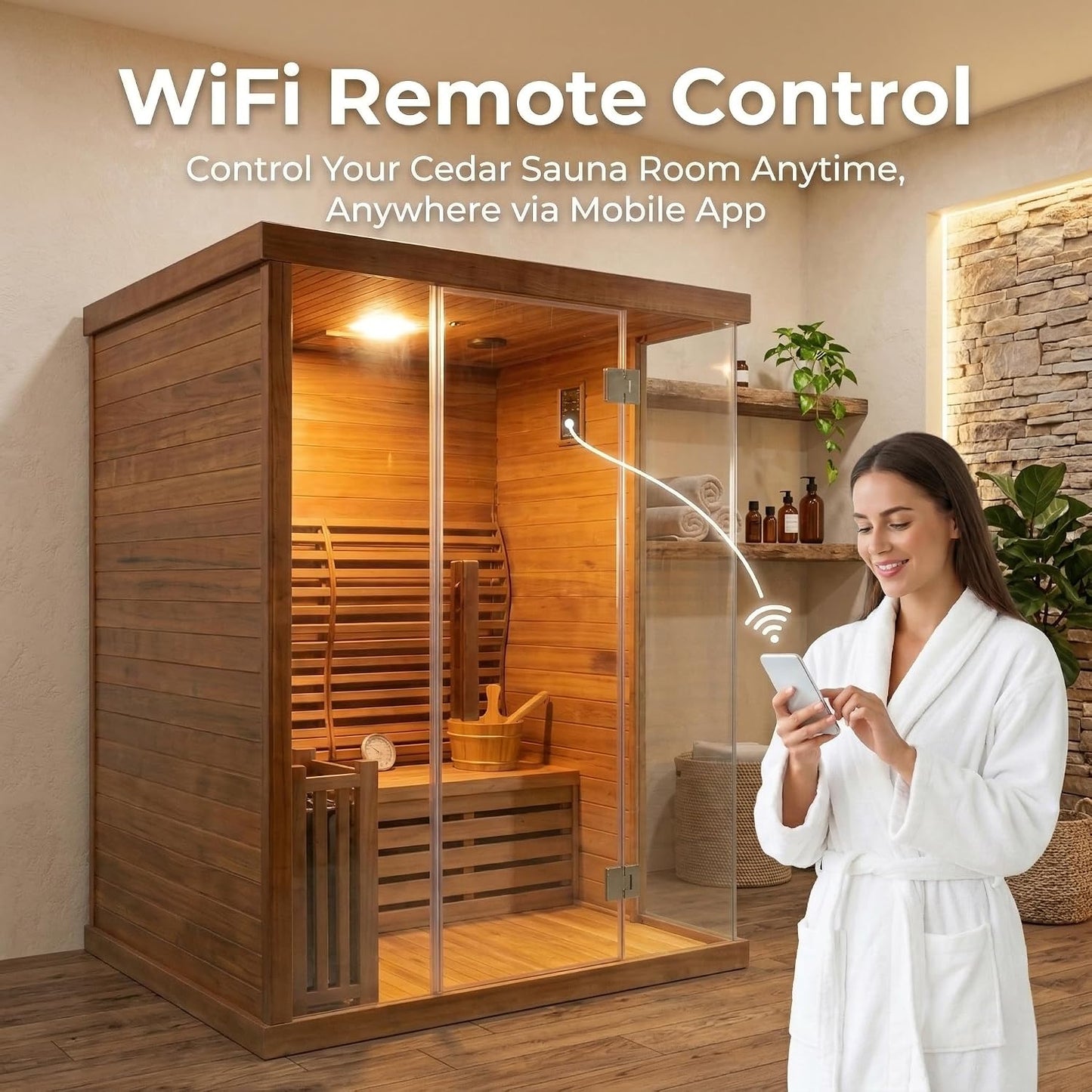 2 Person Wooden Steam Sauna Room, Red Cedar Luxurious Indoor 6 KW Harvia Heater, Wi-Fi