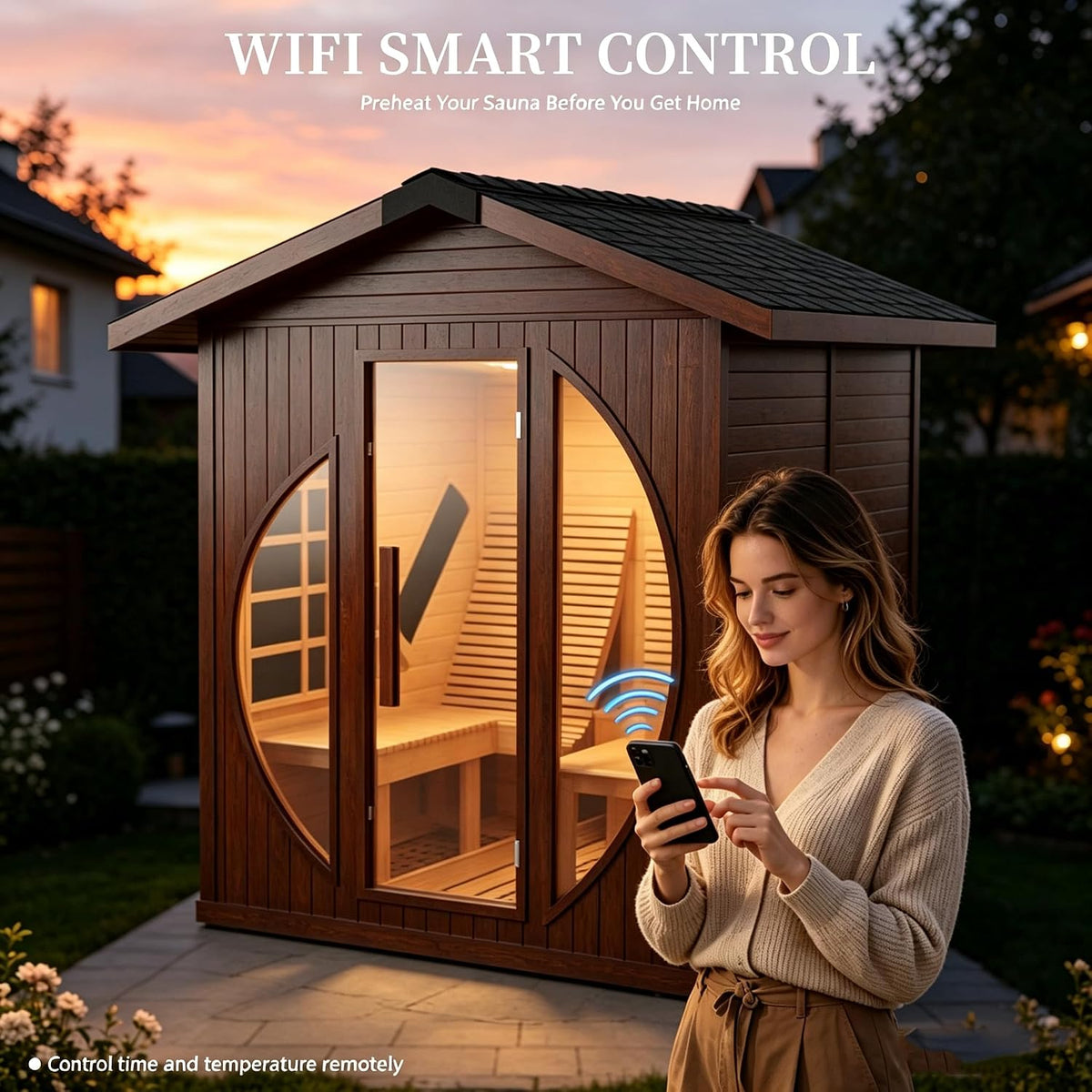 Outdoor 2 Person Infrared Wooden Sauna Room with Recliner, Red Cedar, 3400 Watt, Waterproof Roof, 220V, WiFi Control