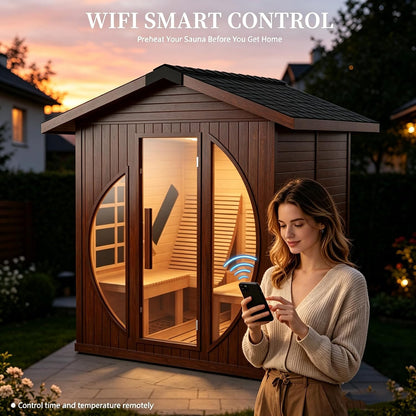 Outdoor 2 Person Infrared Wooden Sauna Room with Recliner, Red Cedar, 3400 Watt, Waterproof Roof, 220V, WiFi Control
