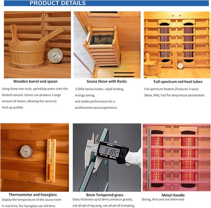 Luxury Dual-System Wood Sauna Room for 2 Person, Hybrid Indoor Sauna Spa,Canadian Hemlock, 3.5KW Heater, 195°F Steam+149°F Far Infrared, 9 Heating Elements, 220V, Oxygen Ionizer, 8mm Tempered-Grass