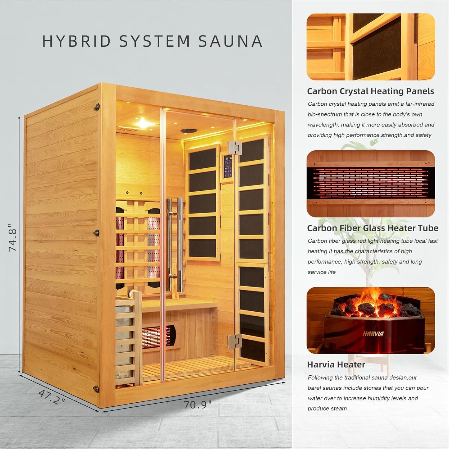Luxury Dual-System Wood Sauna Room for 3 Person, Hybrid Indoor Sauna