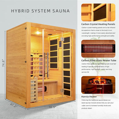 Luxury Dual-System Wood Sauna Room for 3 Person, Hybrid Indoor Sauna