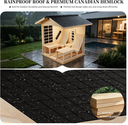 Infrared 2 Person Wooden Sauna Room with Recliner, Canadian Hemlock Outdoor 3400 Watt, Rainproof Roof, 220V, WiFi Control