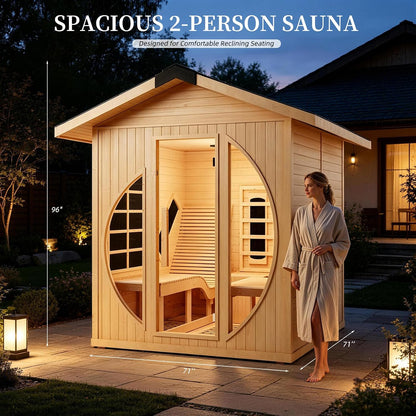 Infrared 2 Person Wooden Sauna Room with Recliner, Canadian Hemlock Outdoor 3400 Watt, Rainproof Roof, 220V, WiFi Control