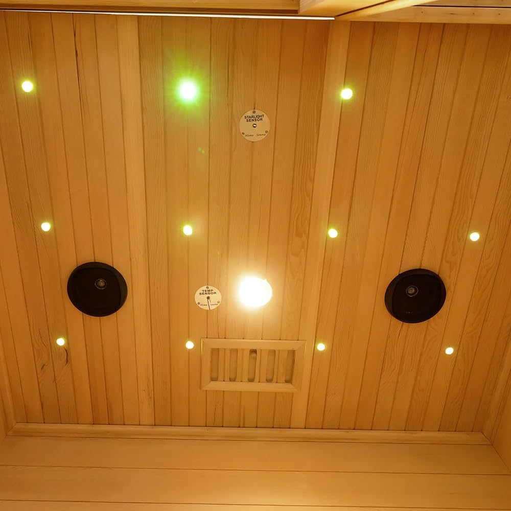 4 People Indoor Infrared Sauna, Low EMF Full Spectrum Red Heater with Carbon Heating Panels, Canadian Hemlock Wood, WiFi Control, 7-Color Starry Light, Reading Lamp, 2700W, 220V
