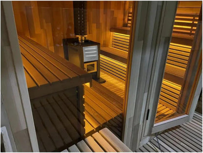 ZONEMEL Outdoor Steam Cube Sauna Cabin with Front Porch, Canadian Hemlock Square Sauna Room, Wood Burning Stove, 8mm Tempered Glass, Waterproof Boards, Porch Canopy